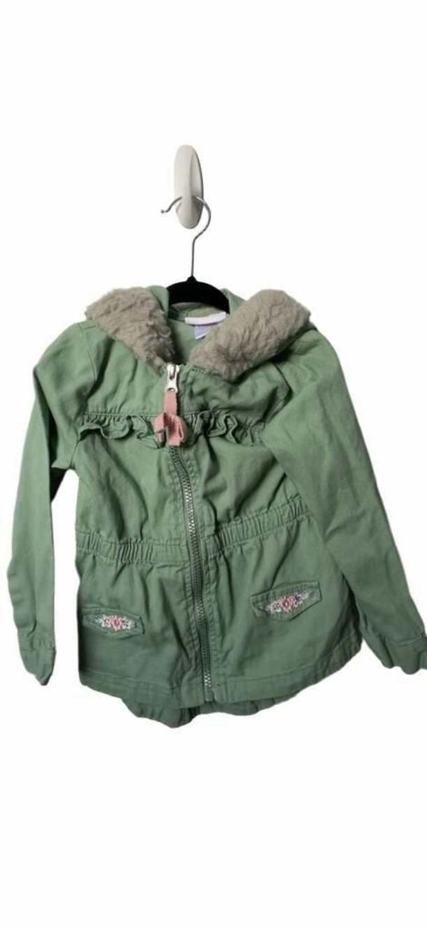 Little Lass Olive Green Hooded Jacket with Fux Fur Trim & Floral Pockets 4T_K23